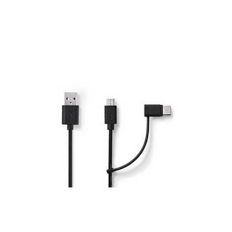 2-in-1-Kabel | USB 2.0 | USB-A Male | USB Micro-B Male / USB-C™ Male | 480 Mbps | 1.00 m | Vernikkeld | Rond | PVC | Zwart | Bli